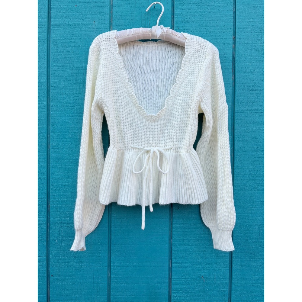 Scallop Ruffle V-Neck Peplum Ribbed Knit Sweater Balloon Sleeve Drawstring Waist - Picture 2 of 7